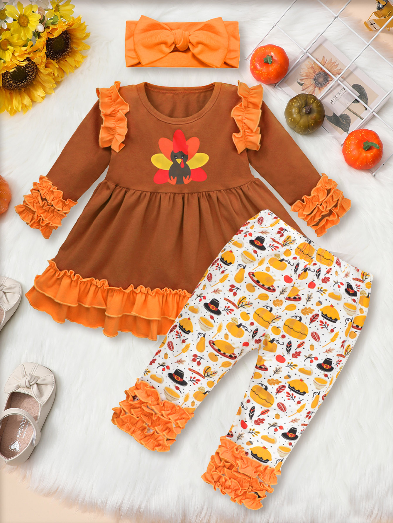 Toddler Girls Thanksgiving Baby Girl Dress Turkey Pattern Ruffle Tutu Dress  + Printing Pants + Headband 3PC Outfits Set