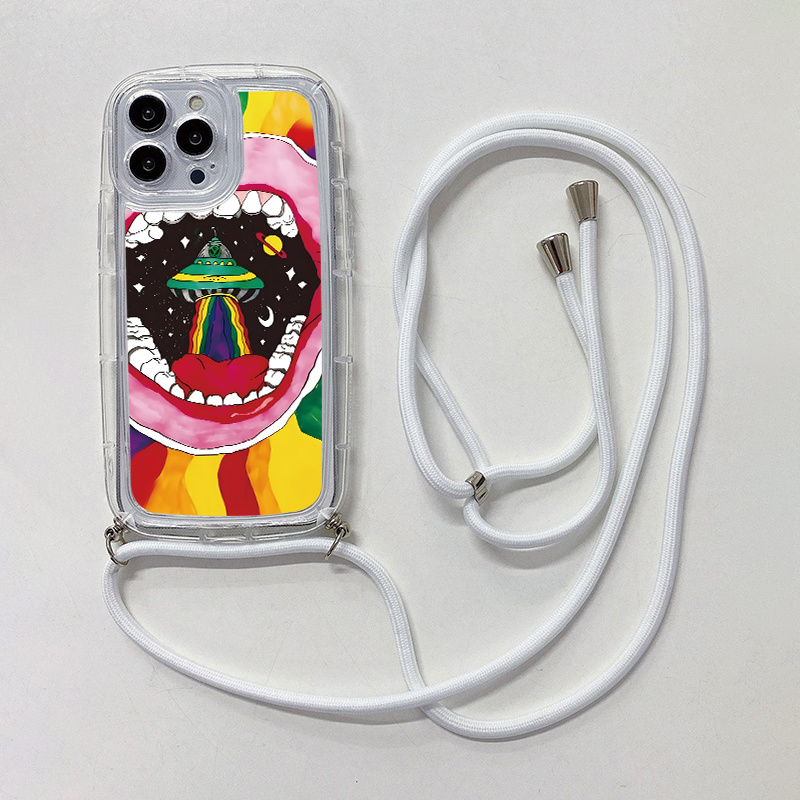 

Lanyard Silicone Case Big Mouth Graphic Phone Case With Lanyard For Iphone 11 14 13 12 Pro Max Xr Xs 7 8 6 Plus Mini Pattern Luxury Matte Original Shockproof Cord Rope Necklace Strap Soft Cover