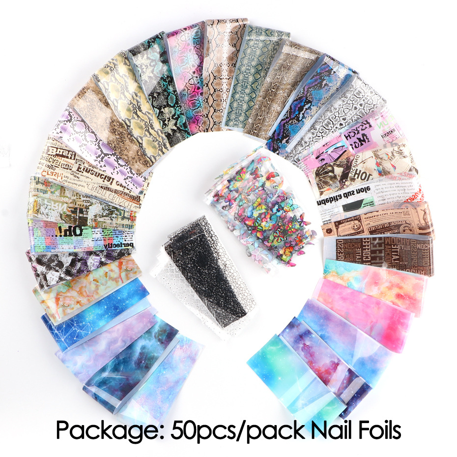 50 Designs Nail Foil Transfer Stickers,holographic Laser Nail Foil Transfer  Decals,serpentine Lace Flower Starry Sky Design Nail Art Decals - Temu