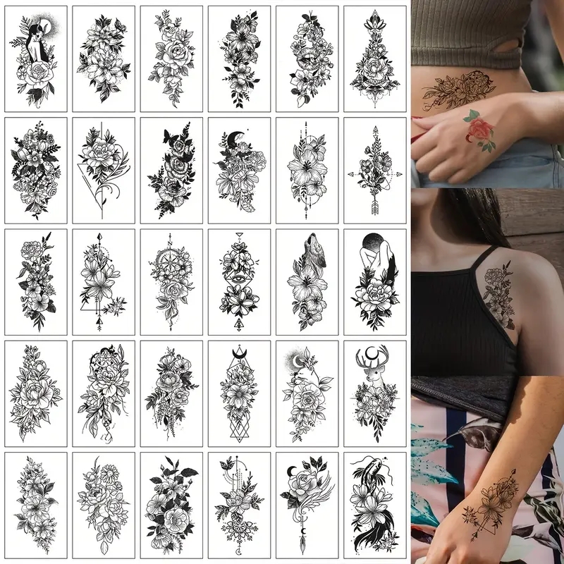 

30pcs Set Of Beautiful Black Line Drawing Flower Temporary Tattoos - Perfect For Women And Girls - Waterproof And Lasts Up To 7 Days