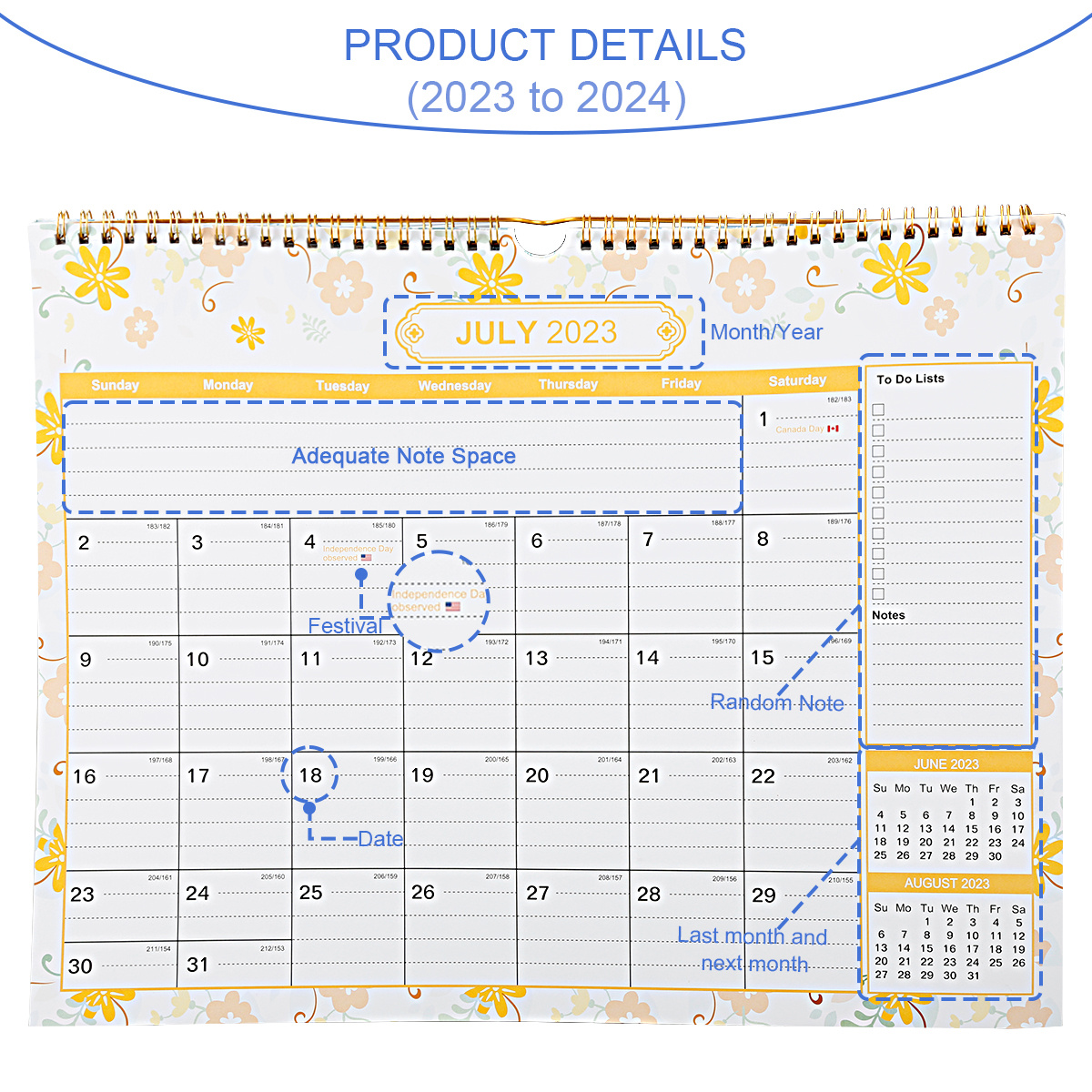 2023 - 2024 Mid Year Wall Calendar Planner Academic Home Office 12 Months