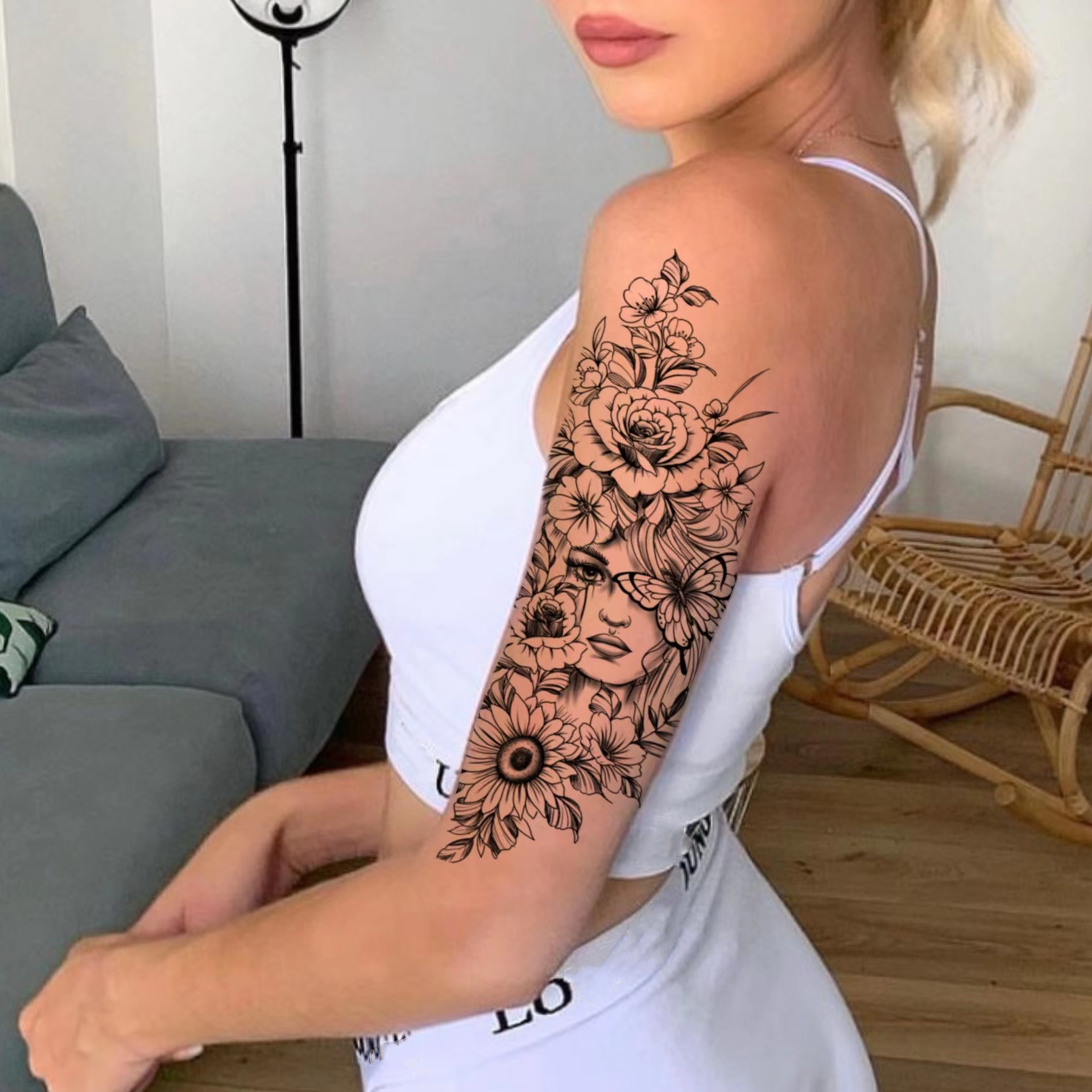 TEMU 1 Sheet Waterproof Floral Temporary Tattoo Sticker For Long Arm Body Art – Black Intricate , Perfect For Stylish Body Jewelry, Tattoo Accessories