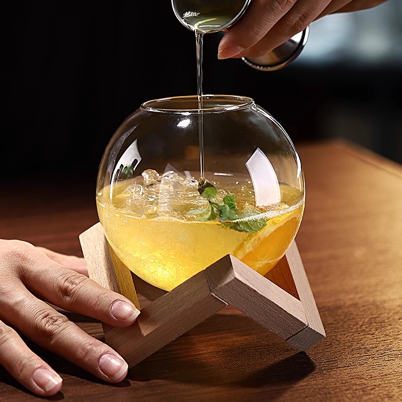 Clear Moon Cocktail Glass With Wood Stand Unique Shape Bar Glassware Drum  Drink Cup Ronud Ball Cocktail Cup Smoothie Bowl For Restaurant For  Restaurants/cafes - Temu