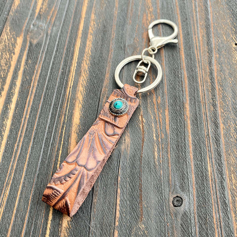 Genuine Leather Keychain Cowhide Keychain Light Brown key Fob