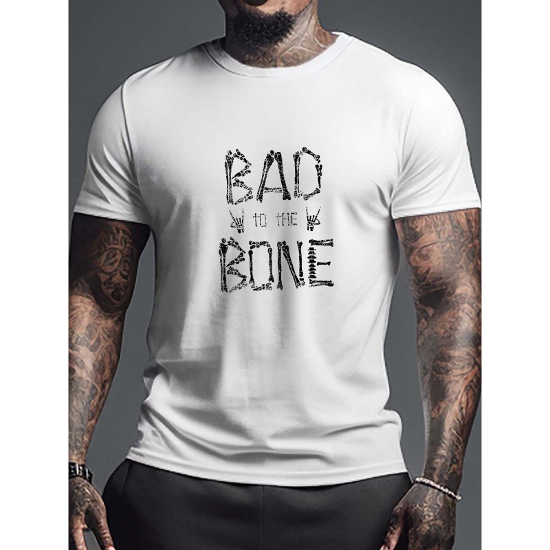 

Bad Bone Letter Pattern Men's Trendy T-shirt For Summer, Halloween Themed Men's Top, Special Gift For Men