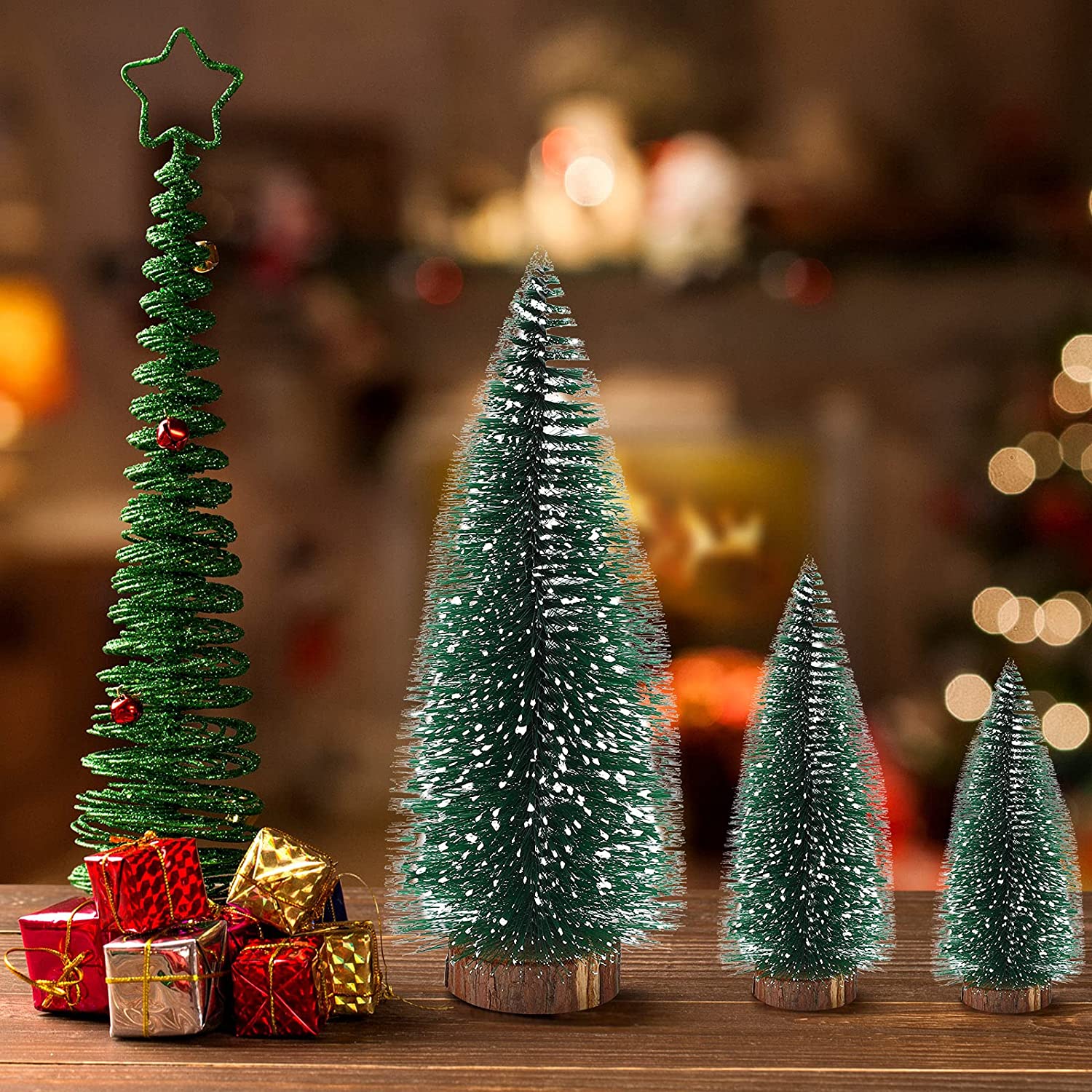 miniature christmas trees with lights