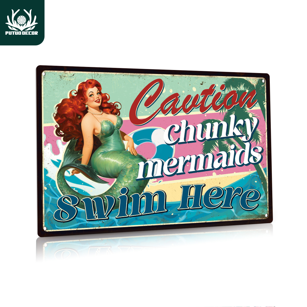 

Vintage 'caution Chunky Mermaids Swim Here' Metal Tin Sign - Pool, Beach & Home Decor, Wall Hanging, 7.8 X 11.8 Inches