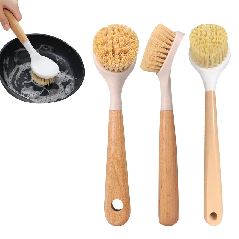 Dish Sisal Solid Wood Creative Pot Brush Long Handle Kitchen Cleaning Brush  Bamboo Kitchen Scrub Dishwashing Brush Set Wood