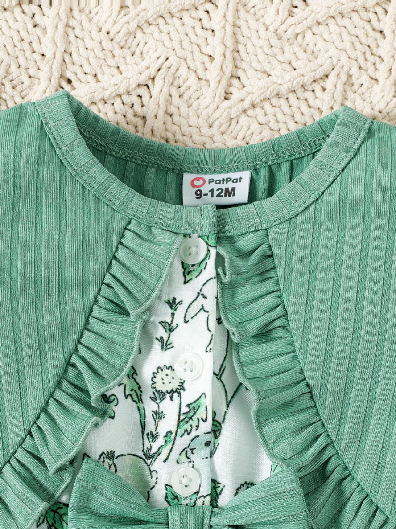 Baby Girl Bow Front Long-sleeve Rib Knit Spliced Daisy Floral Print Dress
