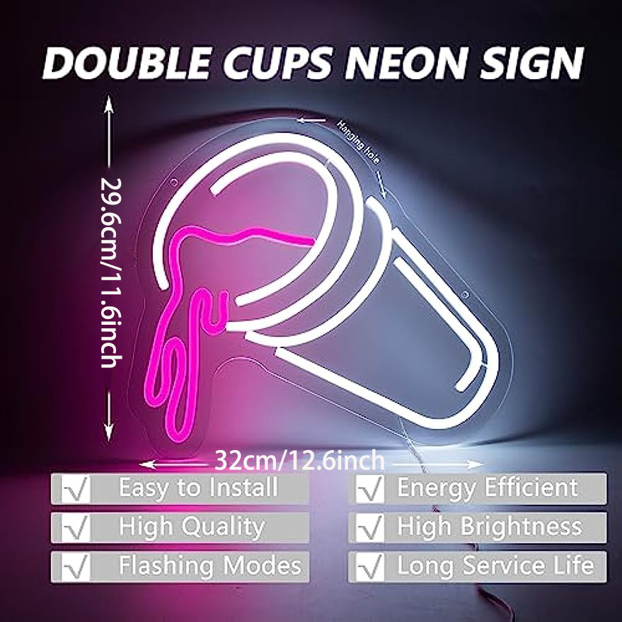 Double Cups Neon Sign For Wall Decor Dimmable White - Temu