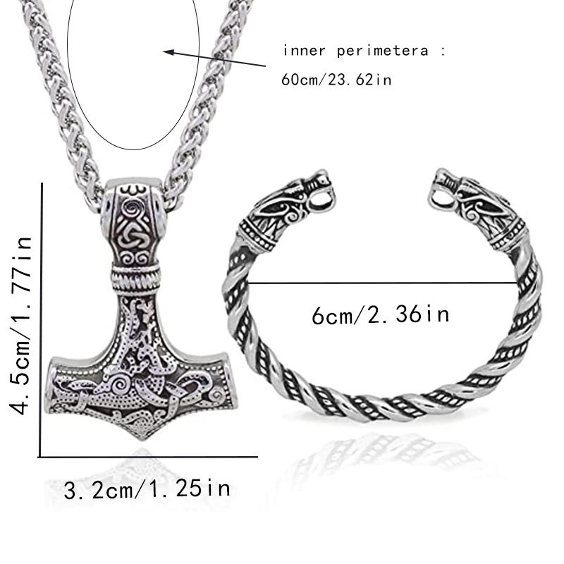 2pcs set viking vintage wolf head talisman necklace and bracelet set mens nordic hammer pendant necklace womens punk hip hop   necklace fashion necklace wolf head bracelet high quality jewelry for couples details 0