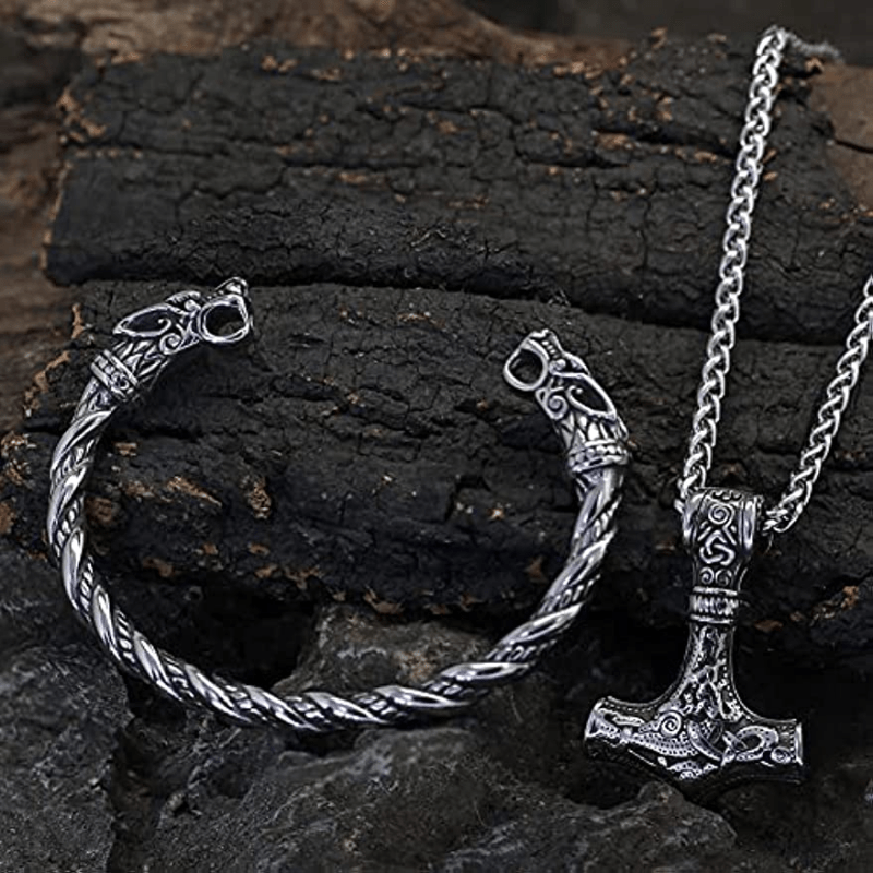 2pcs set viking vintage wolf head talisman necklace and bracelet set mens nordic hammer pendant necklace womens punk hip hop   necklace fashion necklace wolf head bracelet high quality jewelry for couples details 2