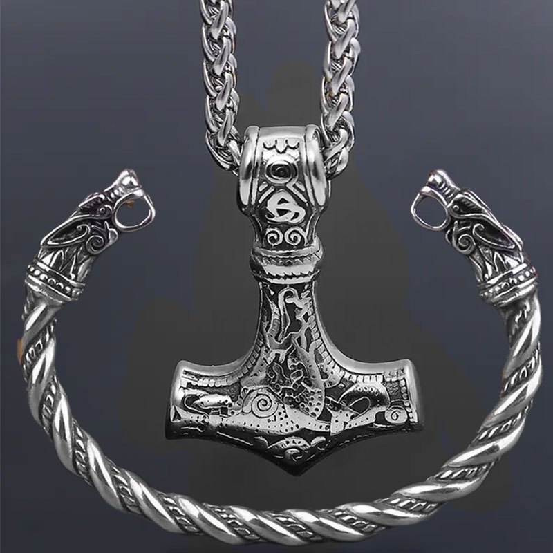 2pcs set viking vintage wolf head talisman necklace and bracelet set mens nordic hammer pendant necklace womens punk hip hop   necklace fashion necklace wolf head bracelet high quality jewelry for couples details 4