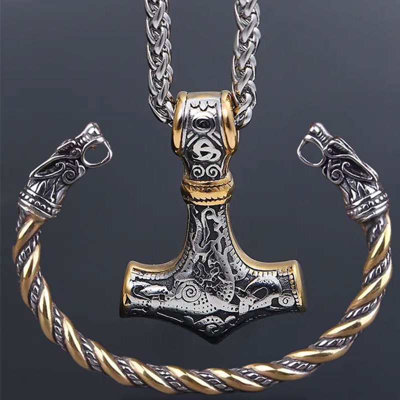 2pcs set viking vintage wolf head talisman necklace and bracelet set mens nordic hammer pendant necklace womens punk hip hop   necklace fashion necklace wolf head bracelet high quality jewelry for couples details 5