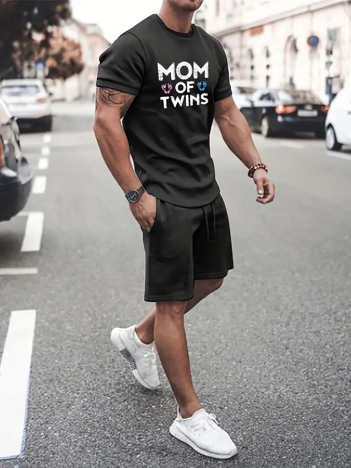 Men's Plus Size mom Twins Graphic Print T shirt Shorts Set - Temu