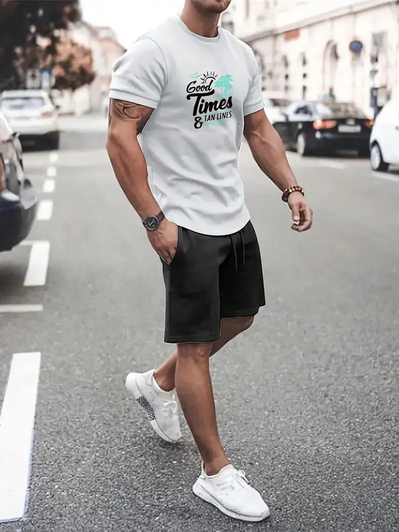 Trendy Tracksuit Men Good Times Graphic Print T shirt Shorts - Temu