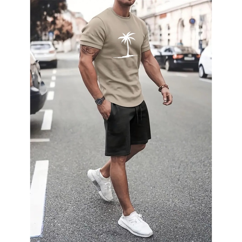 

Men's Coconut Tree Graphic Print T-shirt & Shorts Set For Workout/sports/outdoor, Men's Clothing, Plus Size