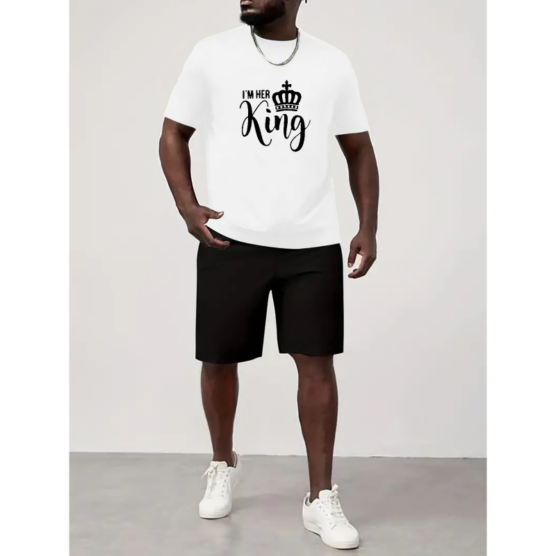 

Men's Plus Size "i'm Her King" & Crown Graphic Print T-shirt & Shorts Set For Sports/workout/outdoor, Summer Stylish 2pcs Tracksuit For Males, Men's Clothing