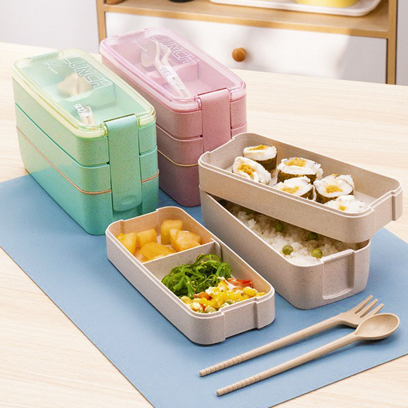 Bento Box For Adults Kids, 3-in-1 Meal Prep Container, 900ml Japanese Lunch  Box With Compartment, Wheat Straw, Leak-proof, Spoon 