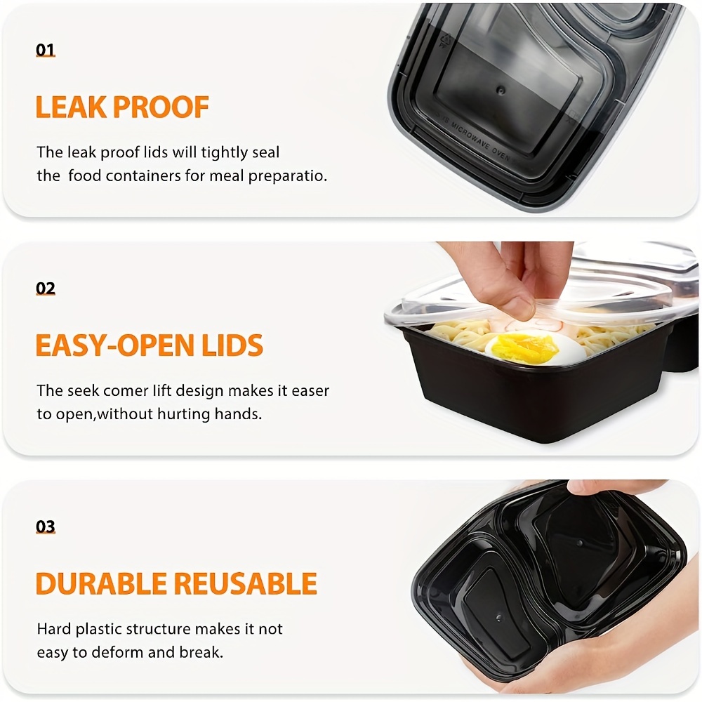 32oz Three Grid Lunch Box 20Pcs Disposable Lunch Box Microwave Heating  Tableware Stackable Plastic Food Storage Container