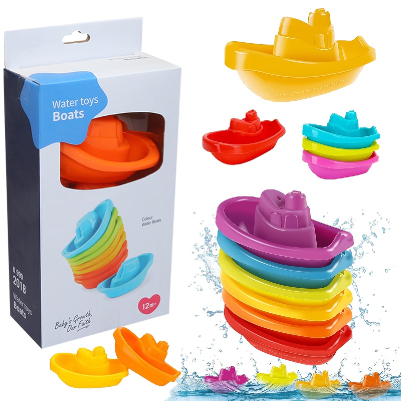 

Baby Bath Toys, Toddler Stacking Toys, 6pcs Kids Bathroom Rainbow Color Stacking Boat Summer Water Game Stacking Music Toys Easter Gift