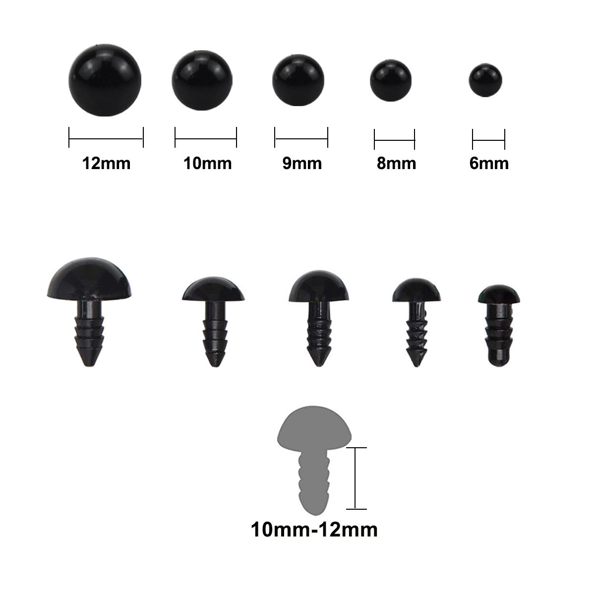 100PCS 6mm-12mm Black Plastic Safety Eyes For Toys Diy Kit