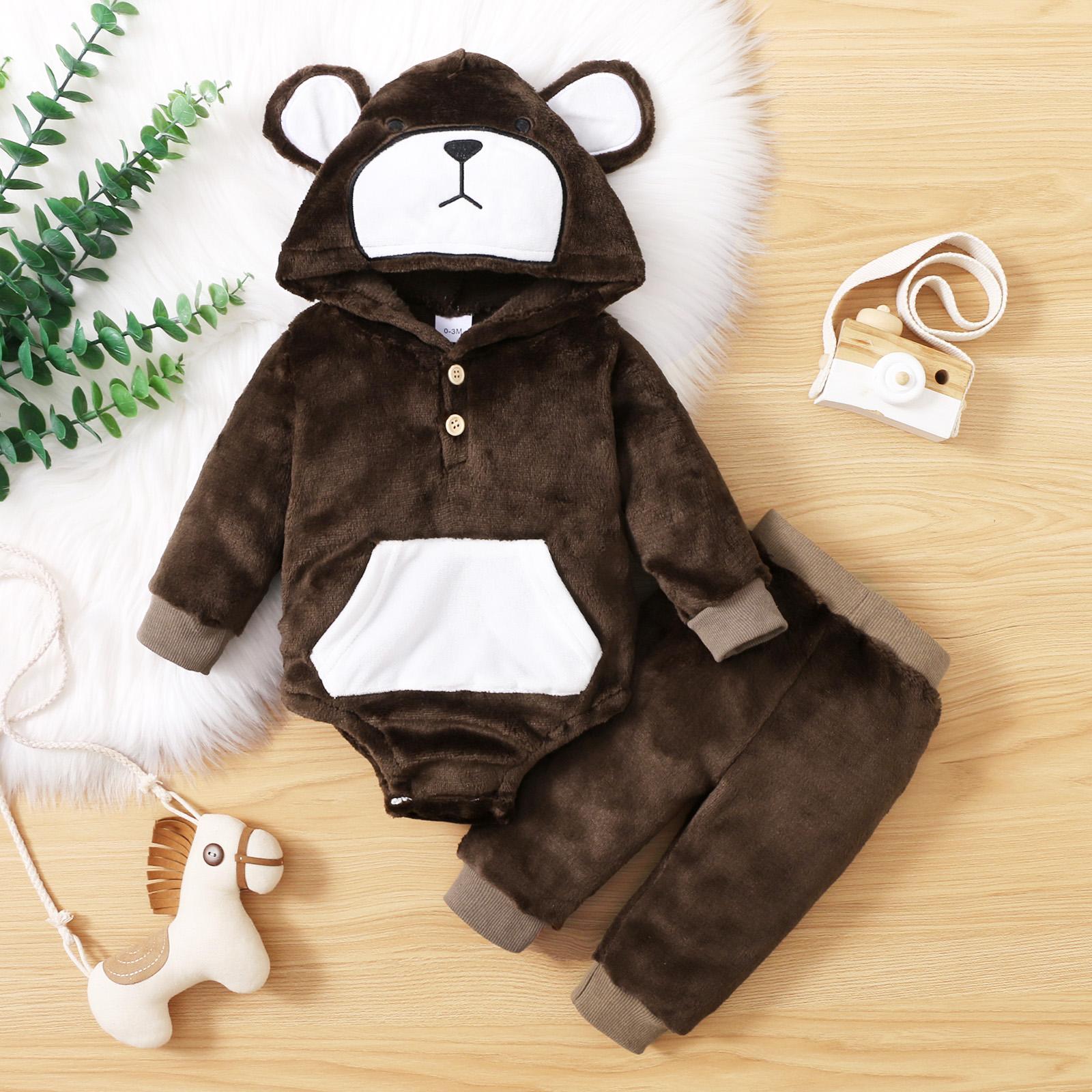 Baby 2pcs Cartoon Bear 3D Ears Fleece Long-sleeve Hooded Coat and Trouser Set