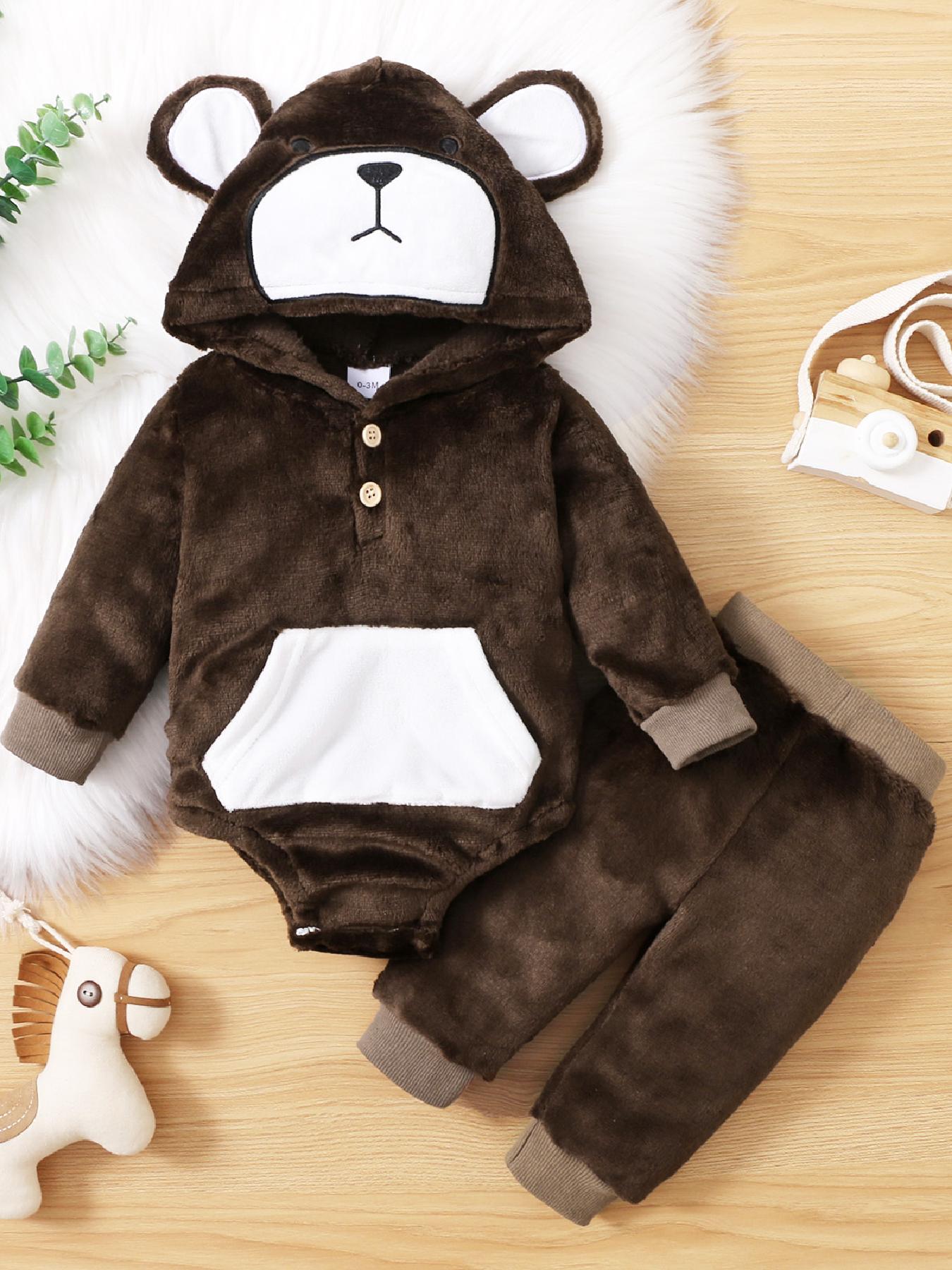 Baby Girls Boys New Cute Bear Hooded Double-sided Fleece Pullover Top Pants  Two-pieces Set, Kids Clothes Autumn And Winter