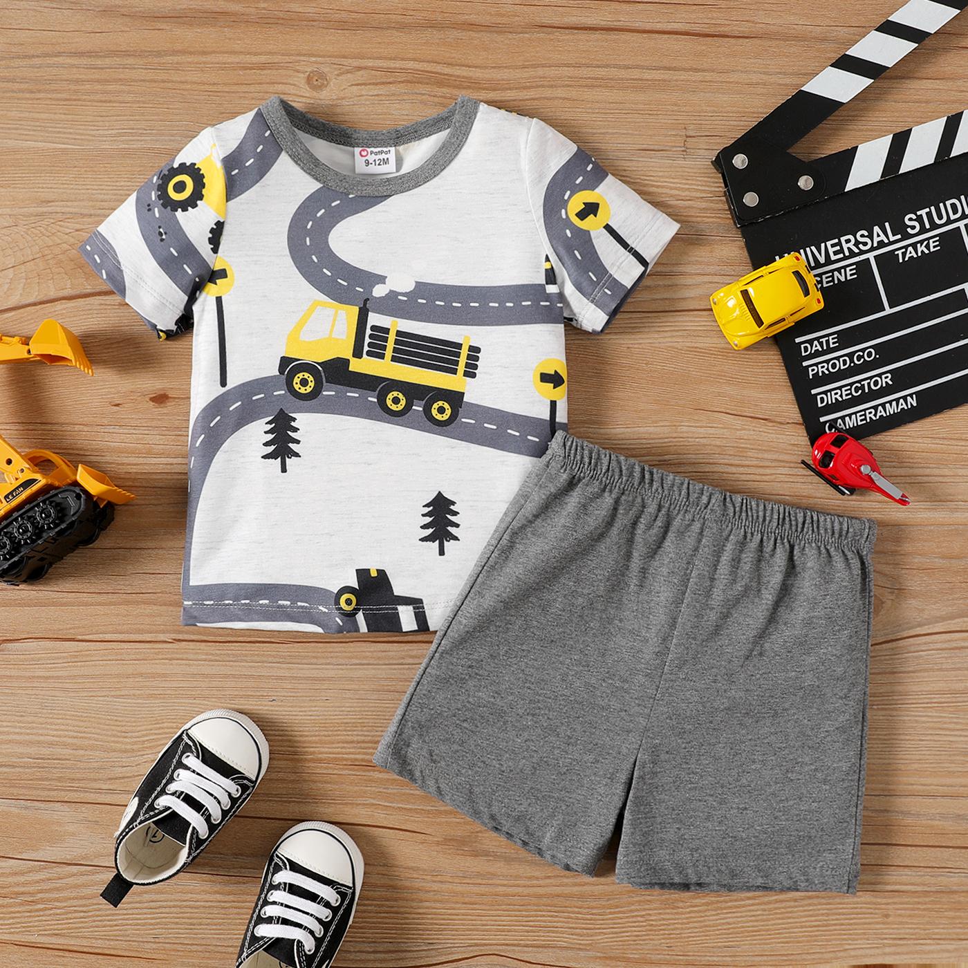 2pcs Baby Boy Allover City Vehicle Print Short-sleeve T-shirt and Shorts Set