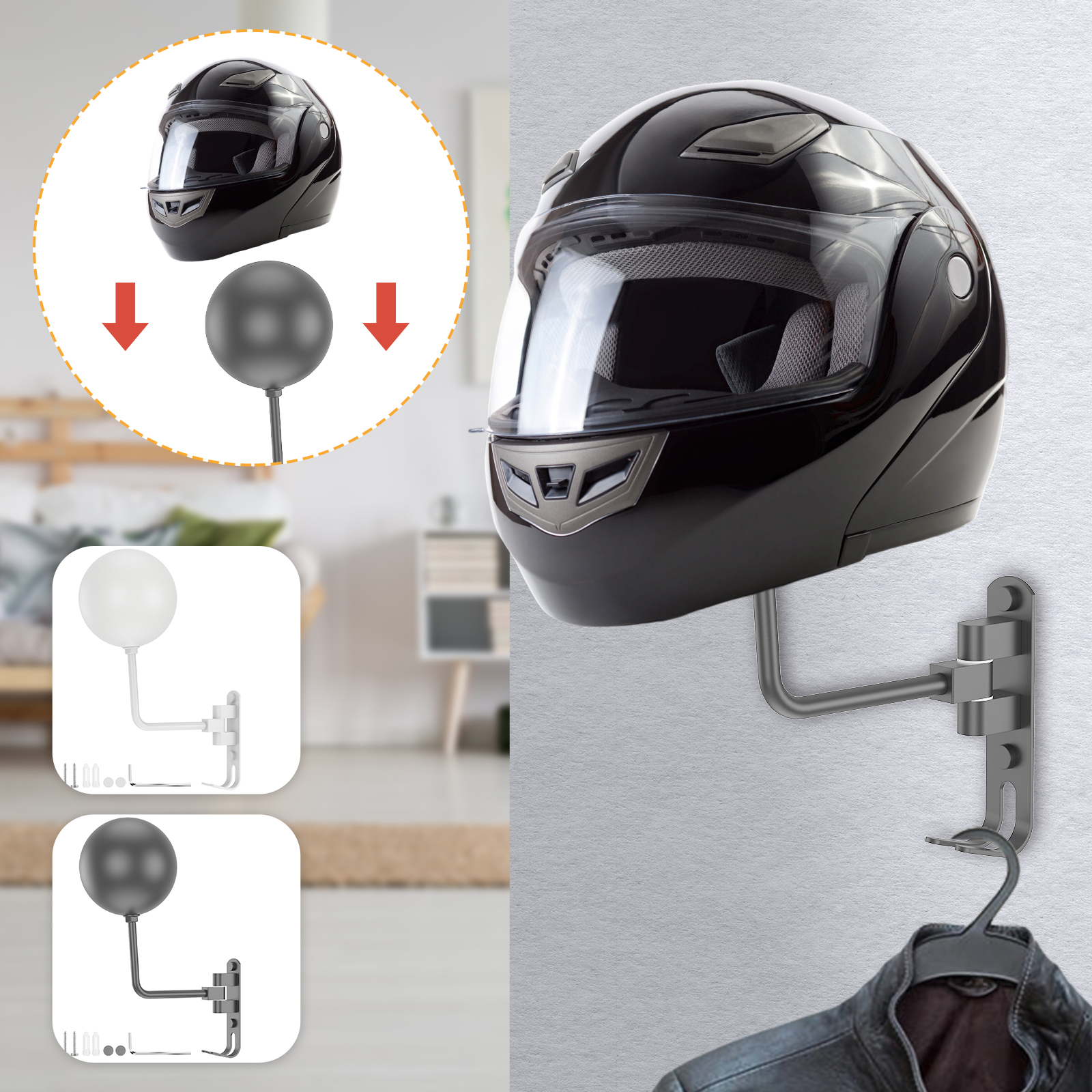  JIYIFOUHY Soporte de pared para casco de motocicleta, soporte  para casco, soporte para casco, rotación de 180 grados, soporte de  almacenamiento de casco de aluminio con ganchos dobles, accesorios de 