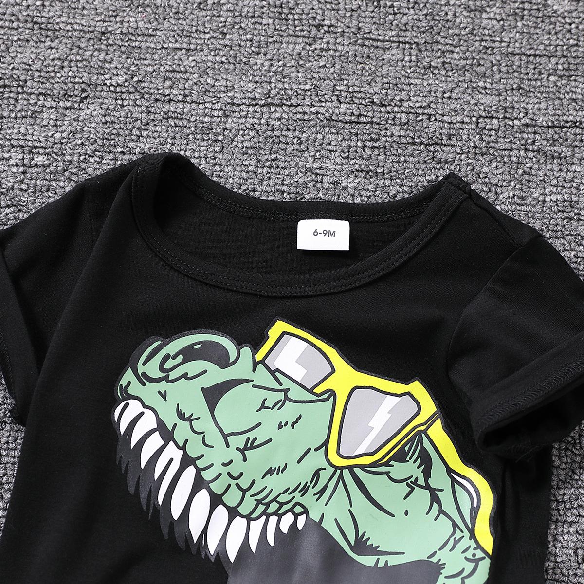 2pcs Baby Boy Glasses Dinosaur Print Short-sleeve Tee and Cargo Shorts Set