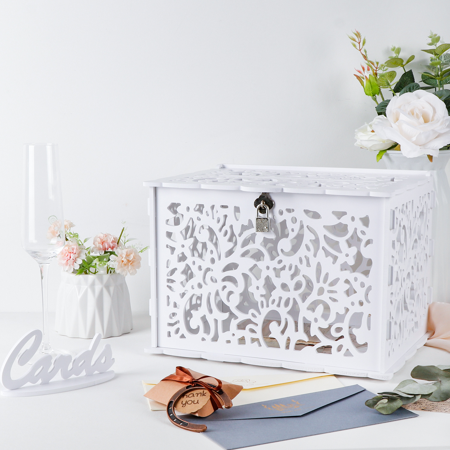 Wedding Card Box with Lock, Wood Gift Card Box Holder Money Box