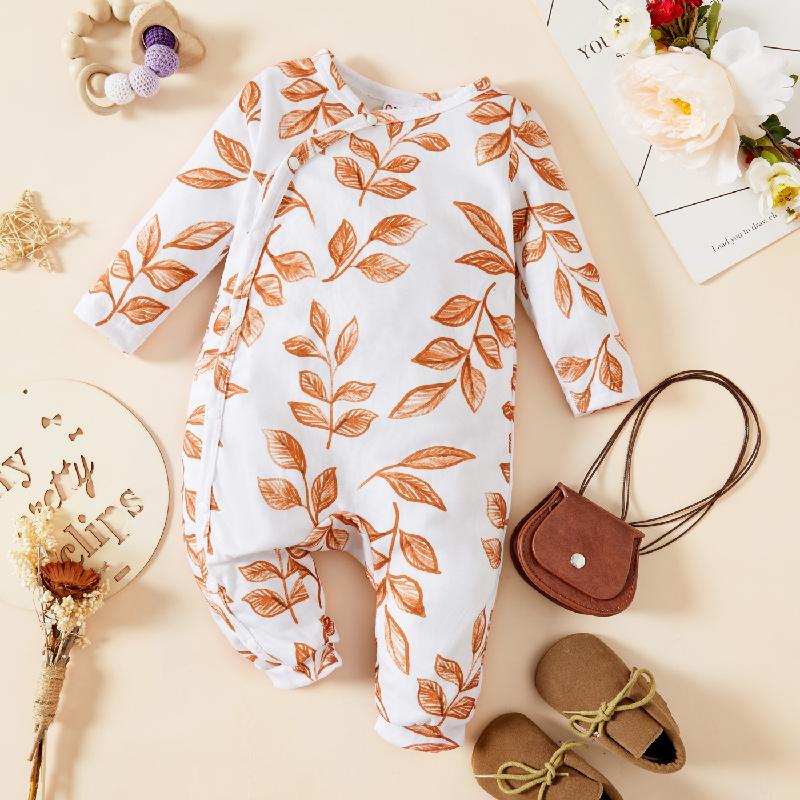 

Patpat Baby Girl Casual Leaves Print White/brown Round Neck Long-sleeve Jumpsuit For Spring & Autumn/fall