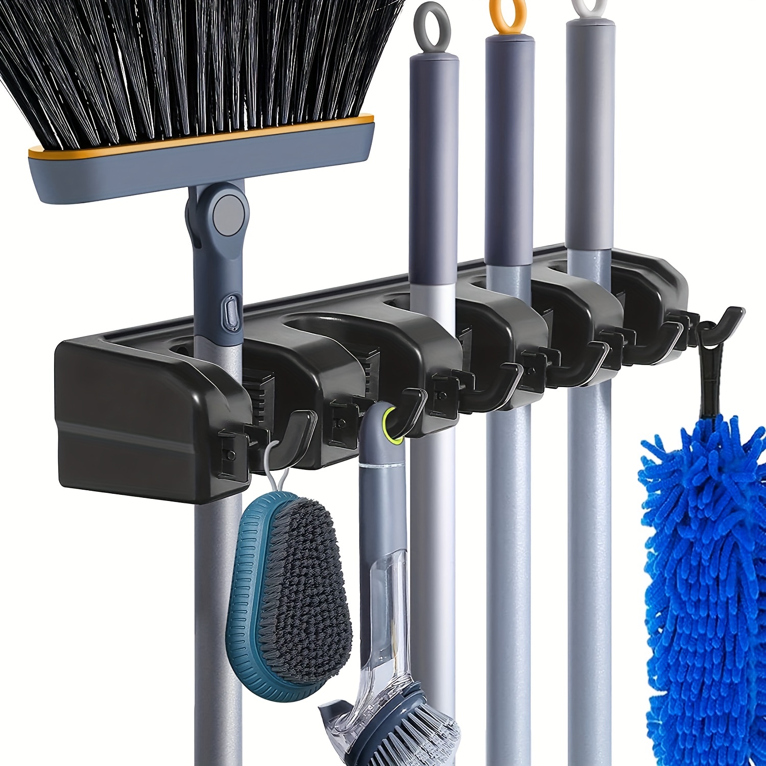 

1pc Wall Mounted Broom Tool Rack, Plastic Organizer Holder With 5 Slots & 6 Hooks, For Garden, Laundry Room, Shed, Garage - Easy To Install, Includes Mounting Hardware Accessories
