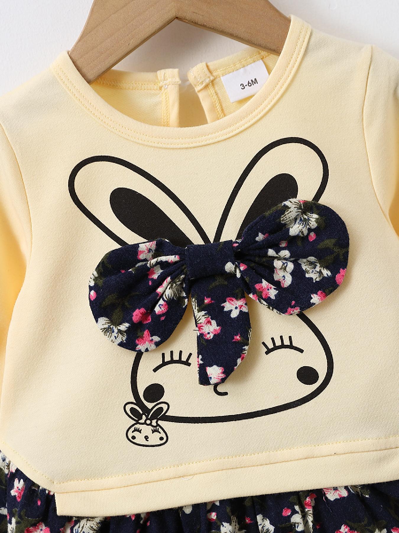 Cartoon Rabbit and Floral Print Bowknot Long-sleeve Faux-two Baby Cotton Dress