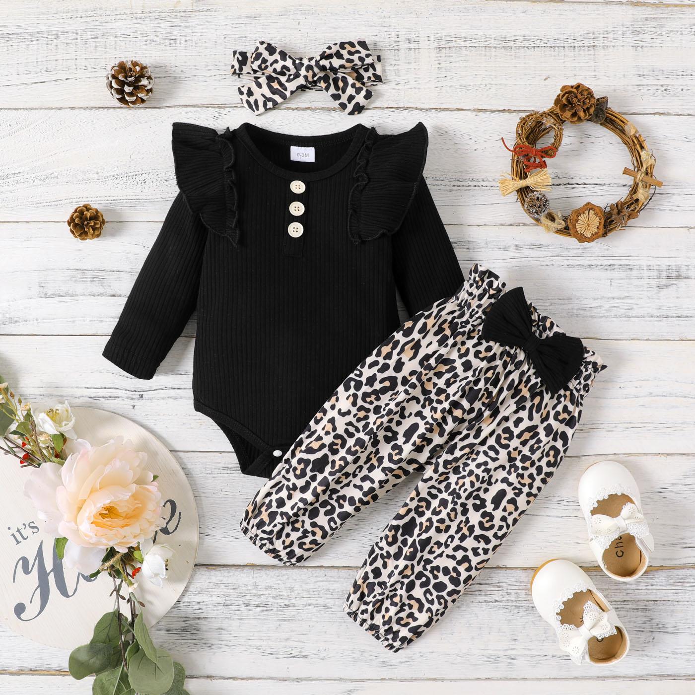 2pcs Baby Girl Letter Print Ruffle Short-sleeve Romper and Leopard Trousers Set