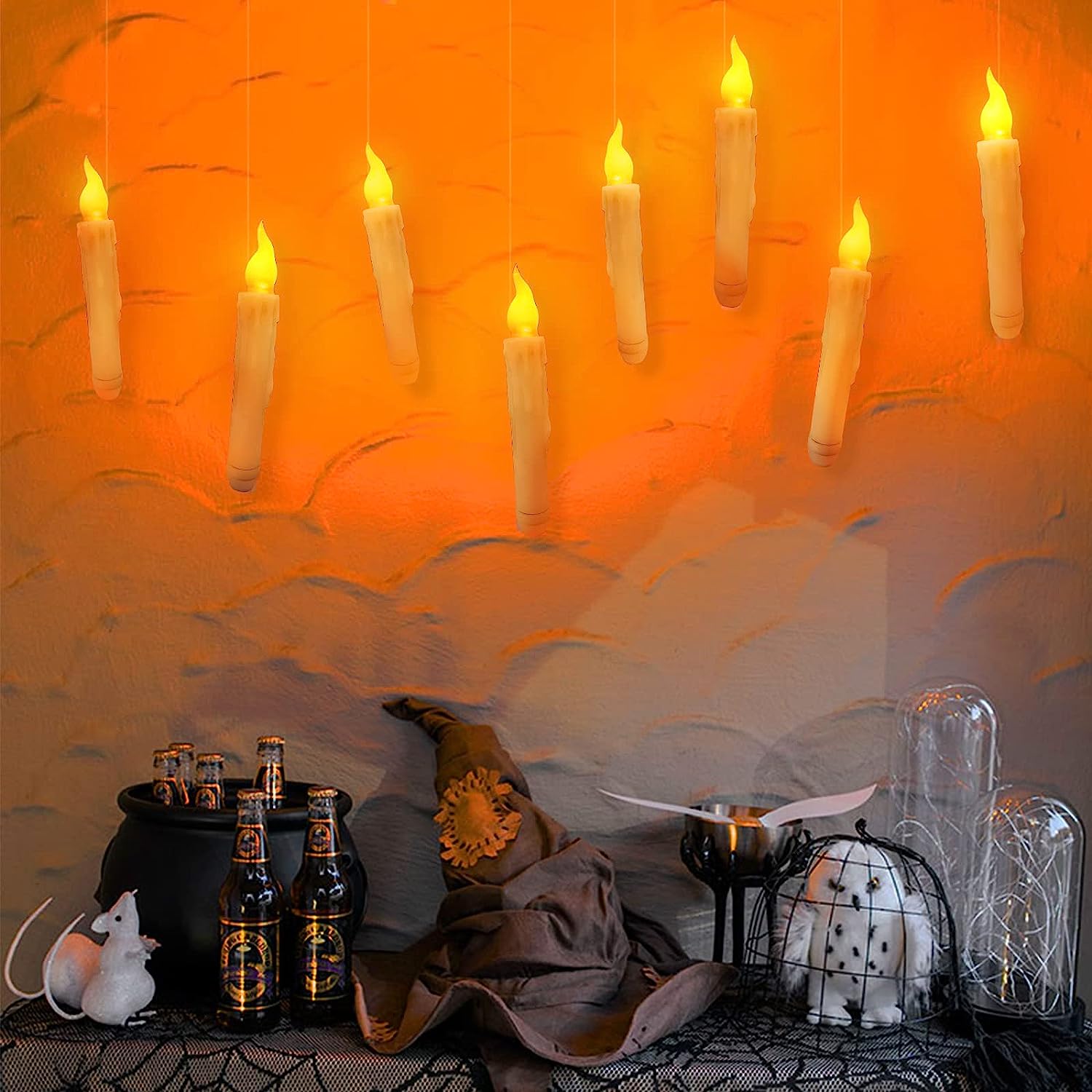 Homemory Velas flotantes con control remoto de varita, 12 velas flotantes  mágicas decoraciones de bruja, velas cónicas amarillas cálidas sin llama