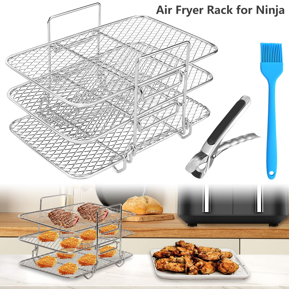 Air Fryer Accessories - Three Stackable Dehydrator Racks for Ninja, Instant  Pot Vortex, COSORI, CHEFMAN, Gowise, Ultrean, Gourmia - 304 Stainless