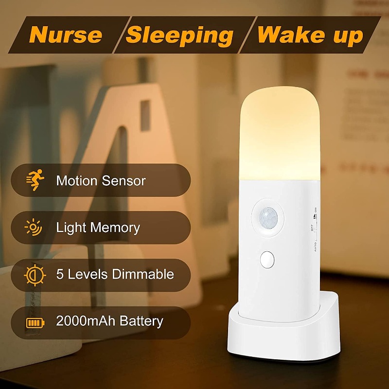 YELKO Motion Sensor Night Light, 2000mAh Rechargeable Night Lights Battery  Powered, PortableＤimmable Nightlights with 5 Brightness Levels for