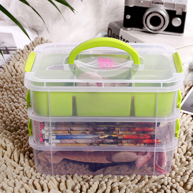 2-Tiers Stack Carry Storage Box with Handle, Transparent Plastic