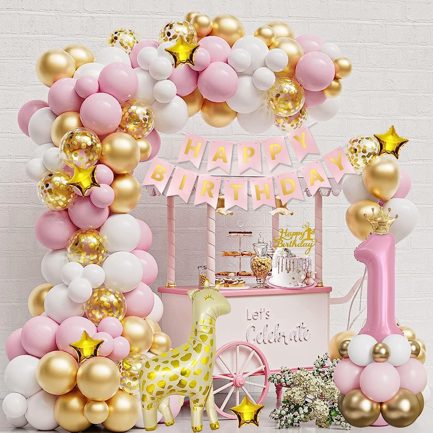 6 globos de 1 año rosa, blanco y dorado con inscripción