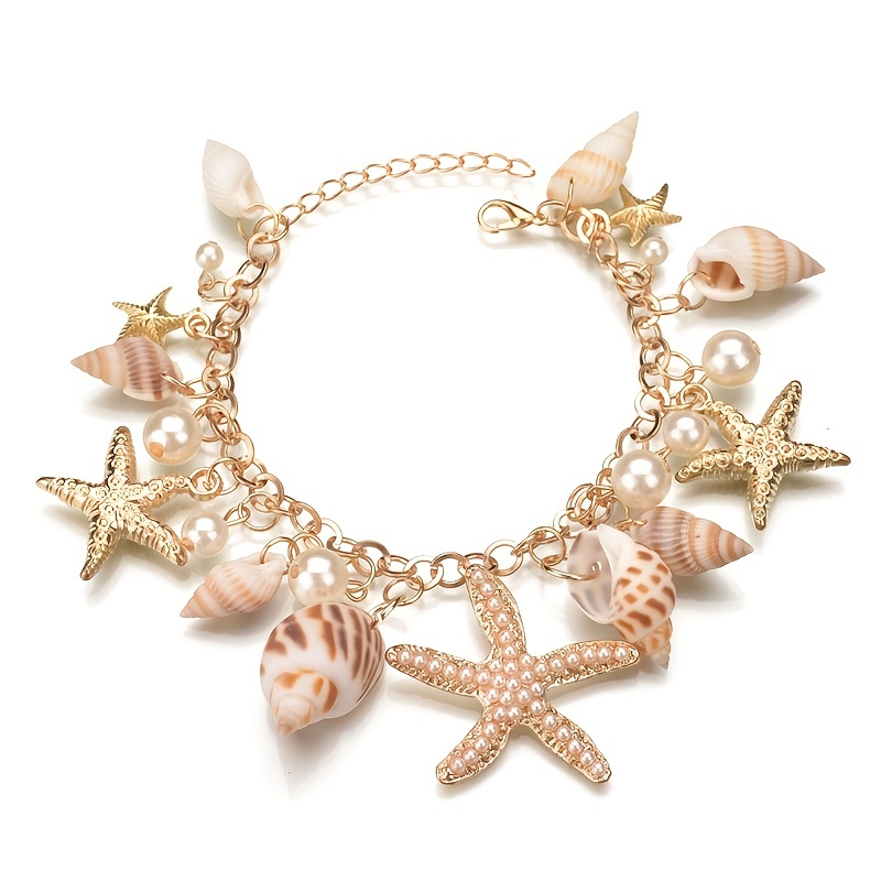

1pc Girl's Shell Starfish Faux Pearls Etc Decor Pendant Chain Bracelet, Girl's Adjustable Hand Jewelry