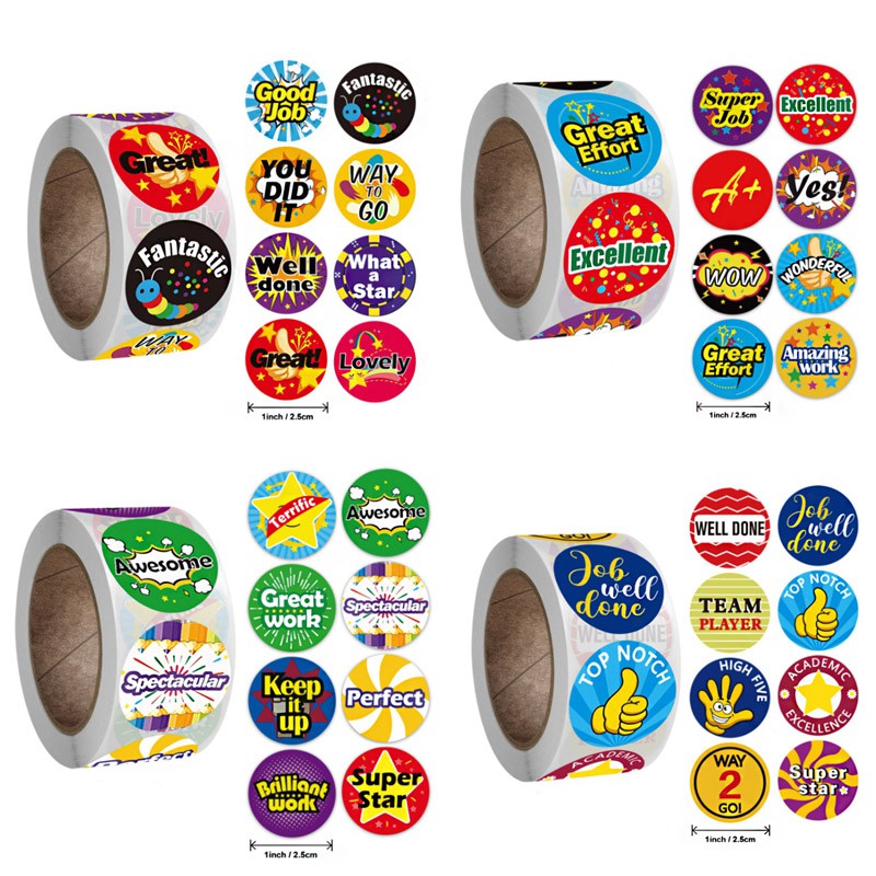 500 Incentive Stickers Adorable Round Encouraging Stickers Teacher Reward  Motivational Sticker in 4 Designs with (Each Measures 1inch Diameter)