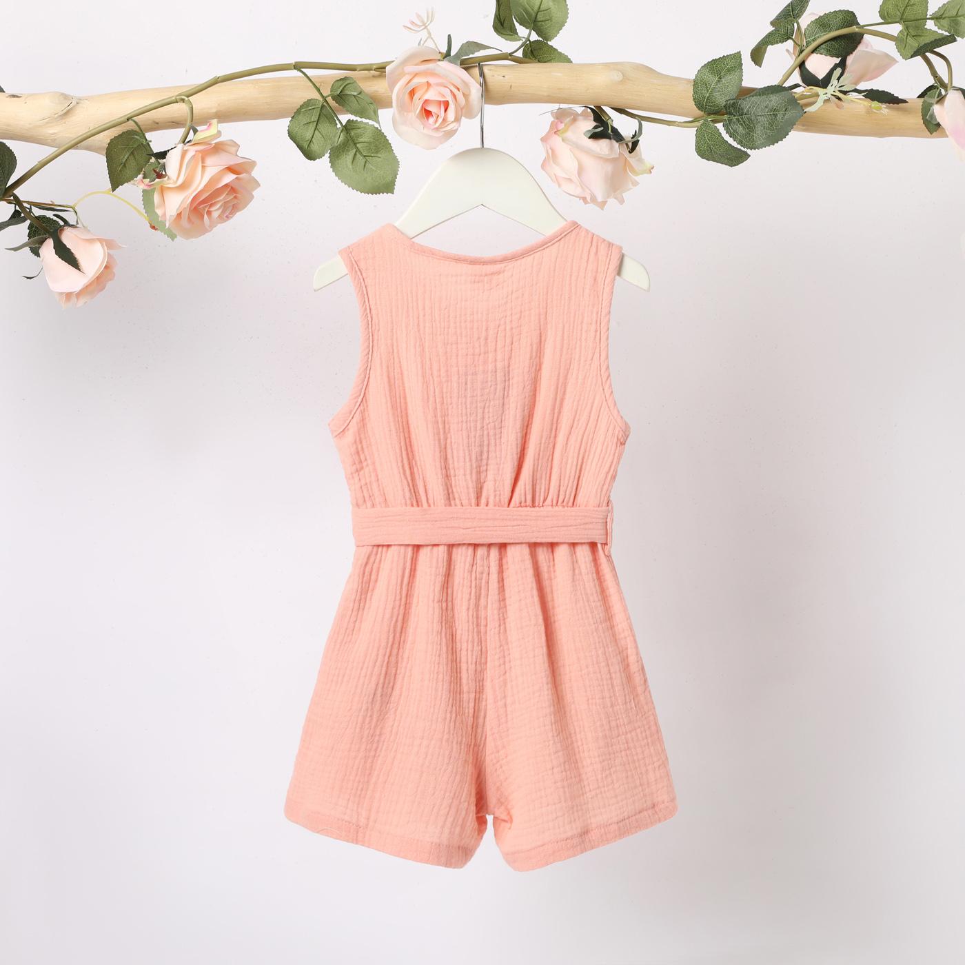 Toddler Girl 100% Cotton Solid Color Button Design Sleeveless Belted Romper Jumpsuit Shorts