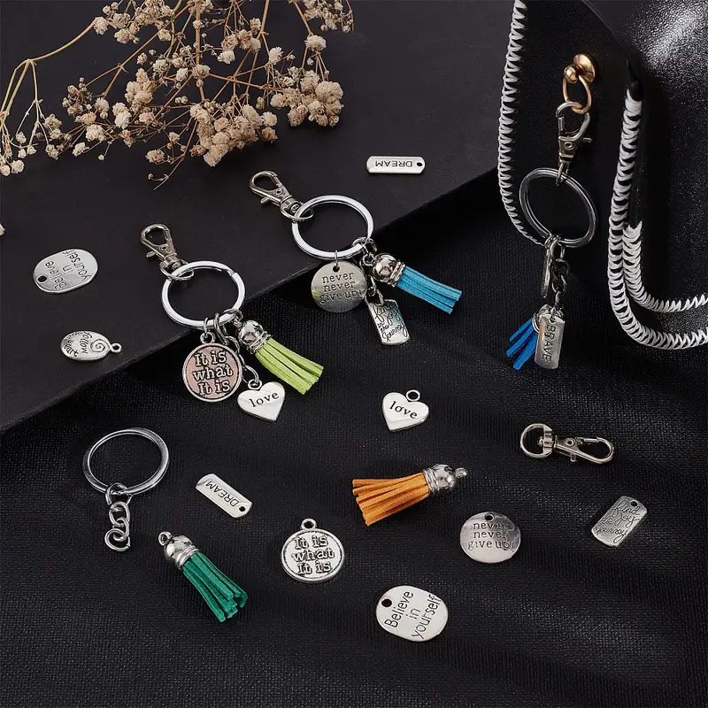 Temu 1 Bag 180pcs 20 Sets Keychain Tassels Bulk, Inspirational Charms Key Chain Making Kit, Faux Suede Tassel Inspiration Charms, for Jewelry, Jewels