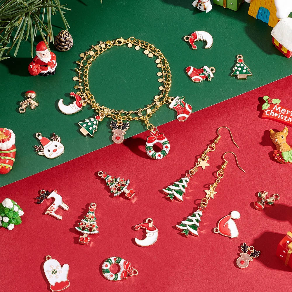 1 Box 48pcs 12 Styles Enamel Christmas Charms Christmas Tree Charms Bulk Reindeer Charms for Jewelry, Jewels Making, Christmas Glove Hat Rhinestone