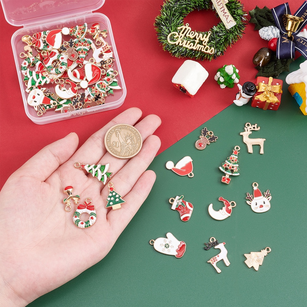 1 Box 48pcs 12 Styles Enamel Christmas Charms Christmas Tree Charms Bulk Reindeer Charms for Jewelry, Jewels Making, Christmas Glove Hat Rhinestone