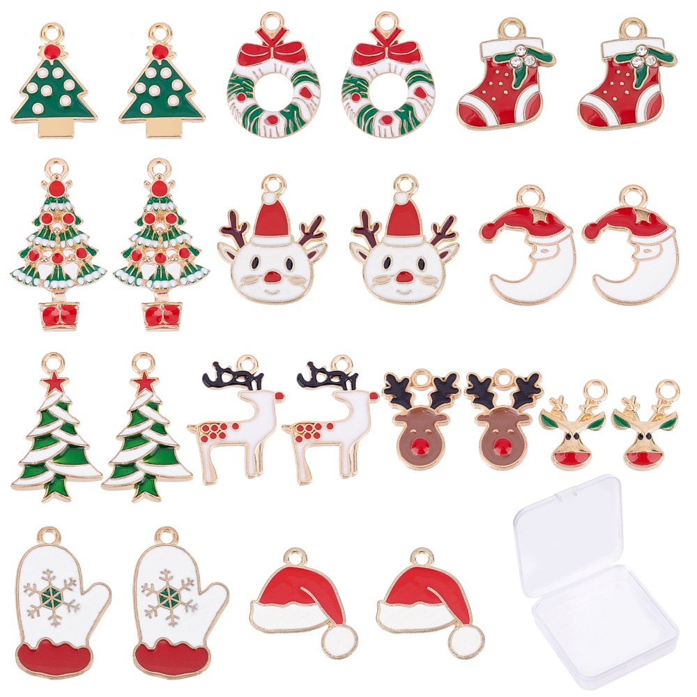 1 Box 28pcs 14 Styles Enamel Christmas Charms Christmas Tree Charms Bulk Candy Cane Charms for Jewelry, Jewels Making, Christmas Glove Hat