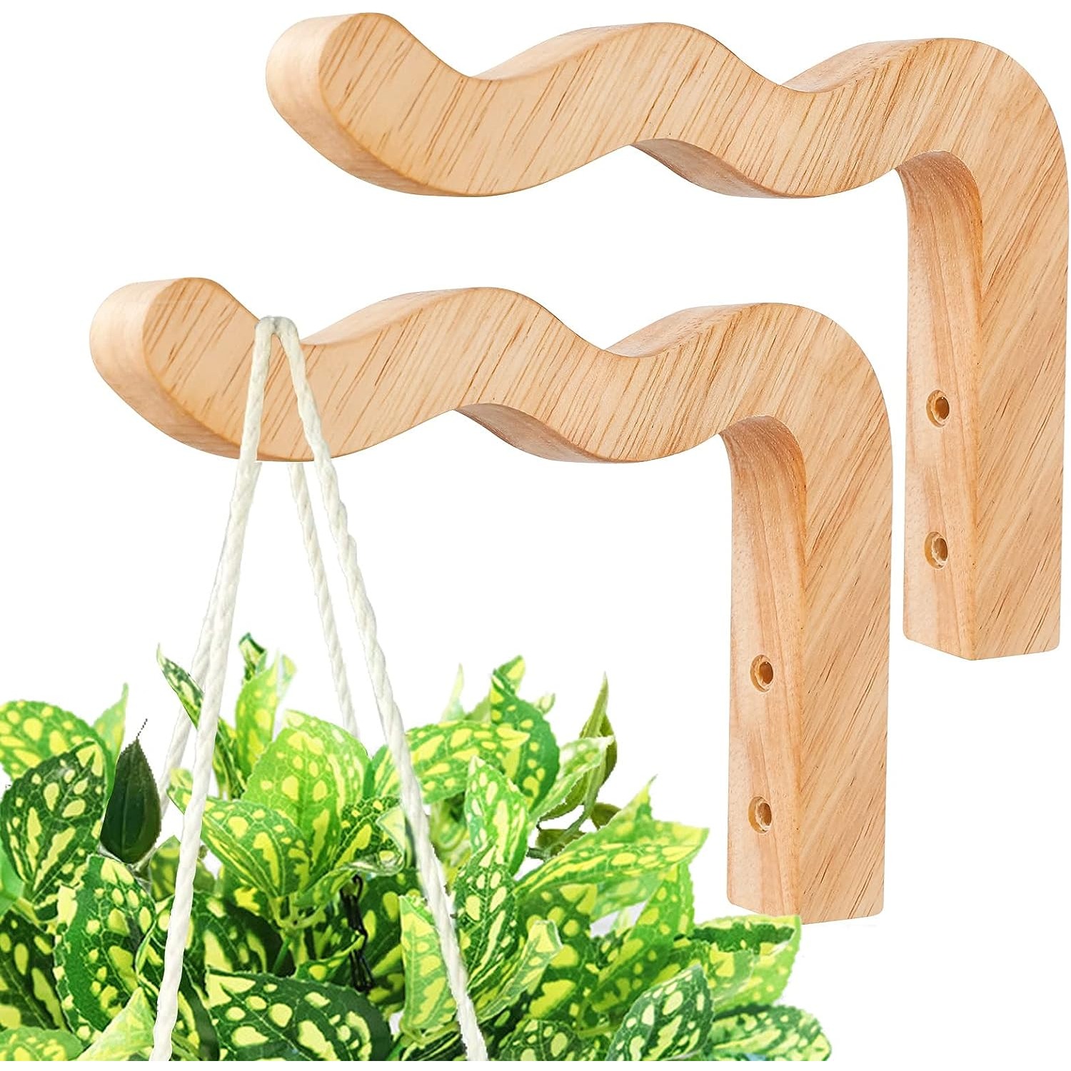 2-Piece Set of Wavy Wooden Wall Planters for Indoor Plants - Natural Plant  Hook for Wall Plant, Wind Chimes, Flower Brackets, Patio Garden Decorations