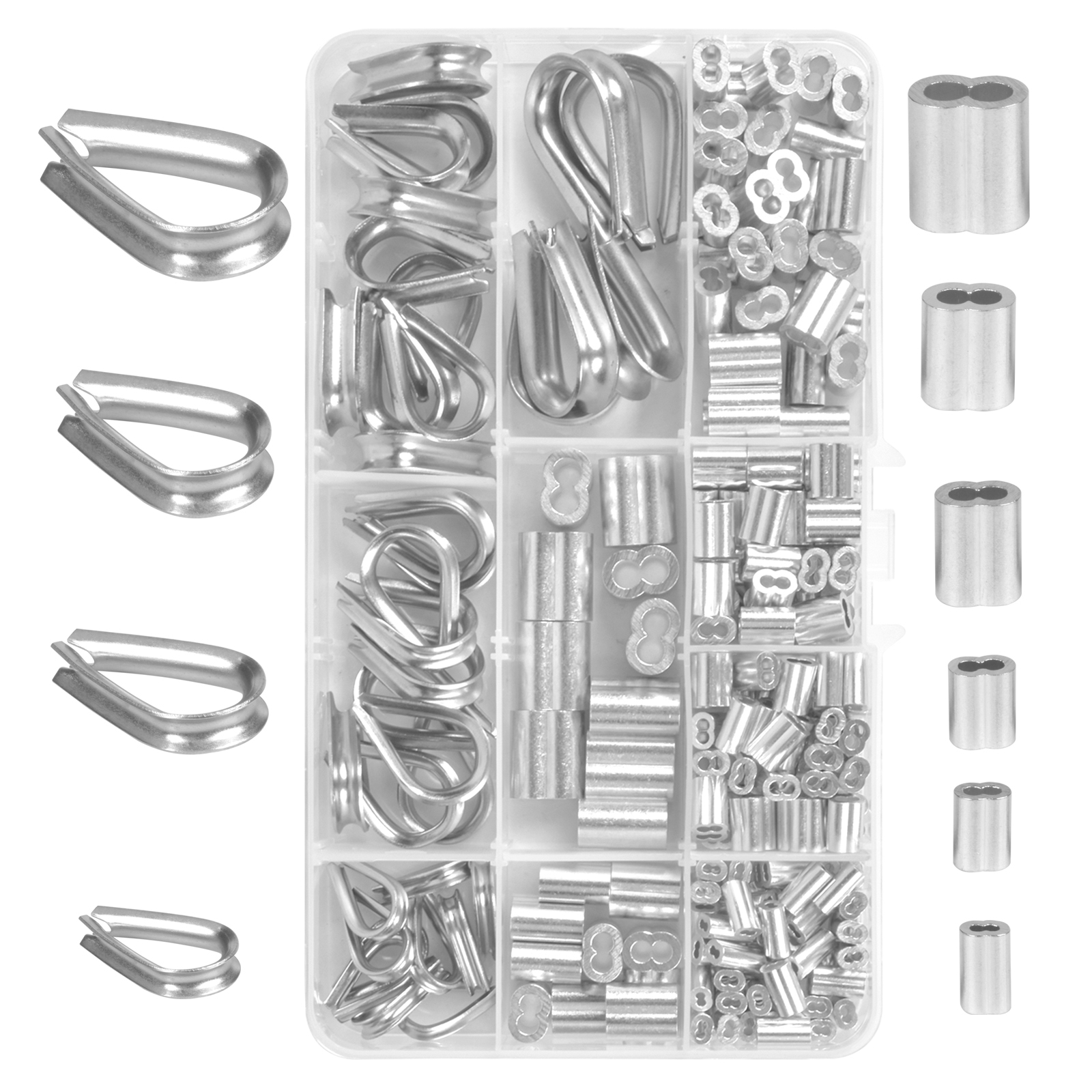 225pcs Stainless Steel Wire Rope Thimbles And Sleeves Set, M1.2-M5 Thimbles  And Aluminum Crimping Loop Sleeves Clips Assortment Kit, Wire Clamps Kit F